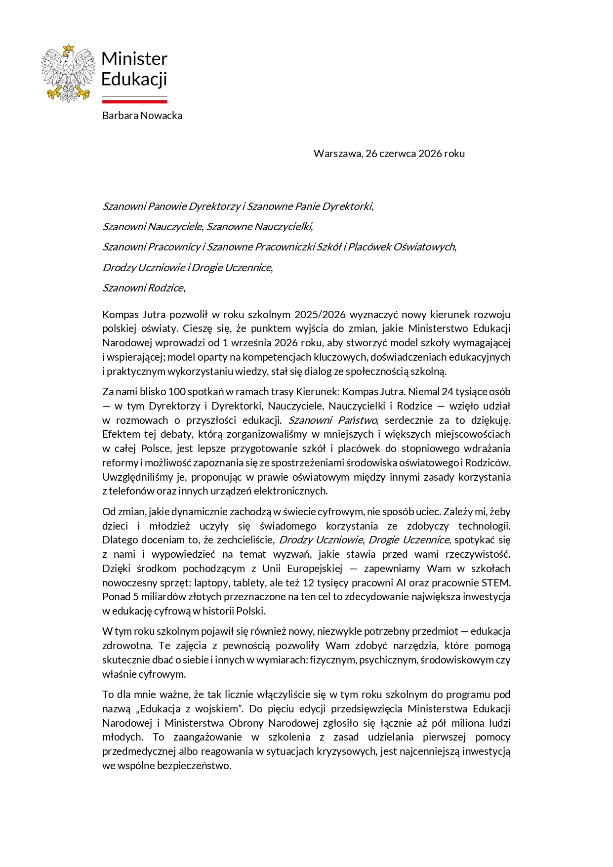 List Minister Edukacji Barbary Nowackiej na zakonczenie roku szkolnego 2025 2026 page 0001